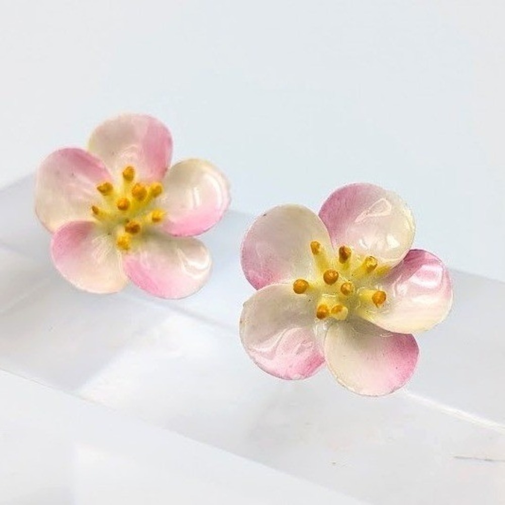 VTG Cara China England Porcelain Pink Flower Clip On‎ Earrings Botanical